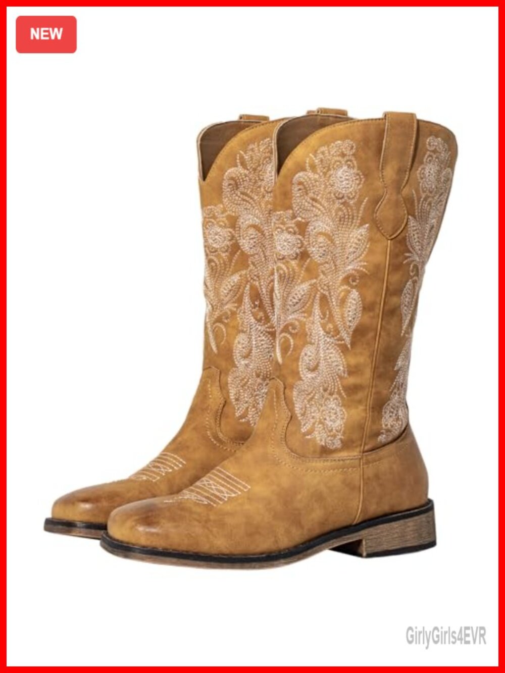Wide Calf Cowboy Boots Women Square Toe Faux Leather Pull On Western Mid-Calf